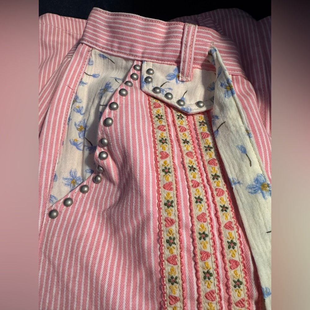 NEW Pol Double Gauze Lace Floral Trim Buckle Back Pants Drawstring Pink Stripe - Picture 2 of 12